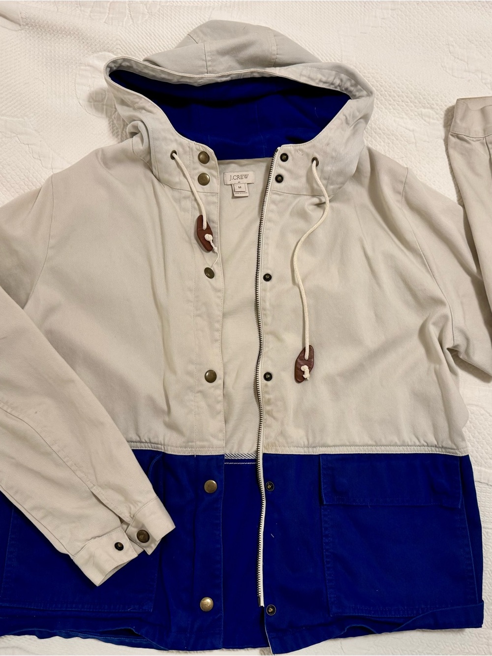 J. Crew Two-Tone Hooded Utility Jacket in Ivory and Royal Blue